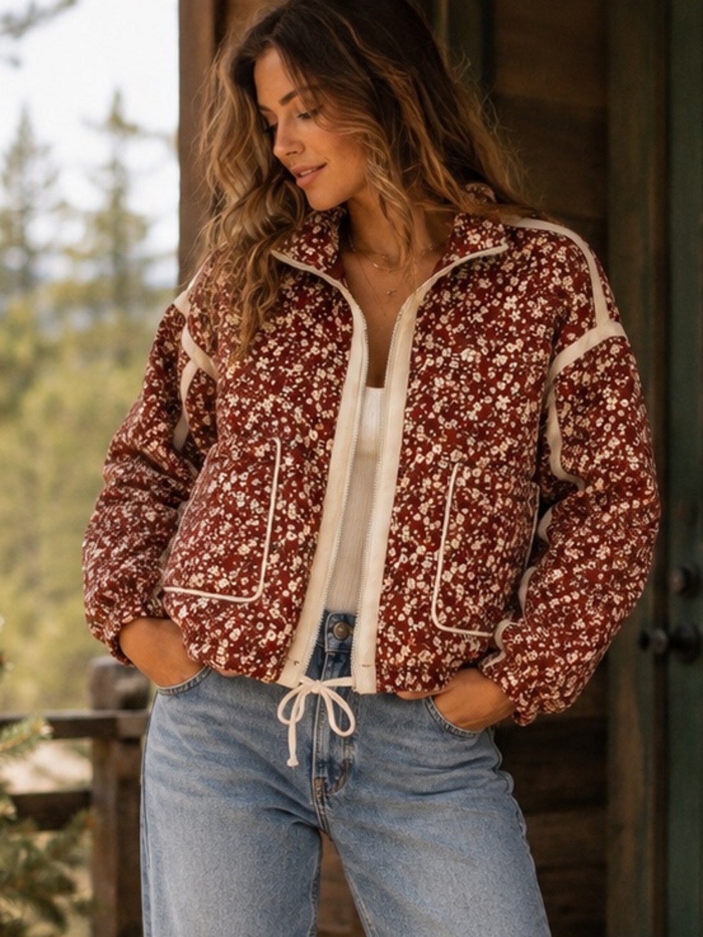 BlankNYC Floral Quilted Jacket Small Cottagecore Boho Burgundy